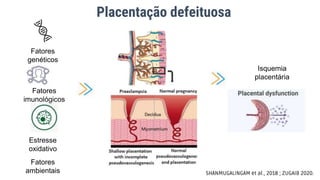 Placentação defeituosa
SHANMUGALINGAM et al., 2018 ; ZUGAIB 2020.
Isquemia
placentária
Fatores
genéticos
Fatores
imunológicos
Estresse
oxidativo
Fatores
ambientais
 