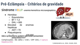 Pré-Eclâmpsia - Critérios de gravidade
● Hemólise
○ Esquizócitos
○ BT > 1,2
○ DHL > 600
● Elevated de enzimas
hepáticas
○ AST > 70
● Plaquetopenia
○ < 100.000
plaquetas/mm³
Síndrome HELLP - anemia hemolítica microangiopática
HAS e proteinúria podem não estar presentes!
CUNNINGHAM et al., 2018 ; ZUGAIB, 2020.
Complicações: IRA (38%) / CIVD / DPP (6%) / ruptura
hepática (3%)
 