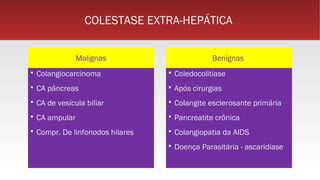 COLESTASE EXTRA-HEPÁTICA
Malignas
 Colangiocarcinoma
 CA pâncreas
 CA de vesícula biliar
 CA ampular
 Compr. De linfonodos hilares
Benignas
 Coledocolitíase
 Após cirurgias
 Colangite esclerosante primária
 Pancreatite crônica
 Colangiopatia da AIDS
 Doença Parasitária - ascaridíase
 