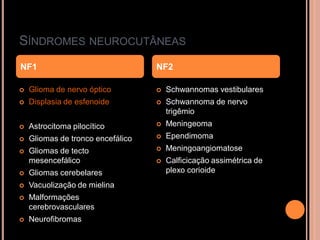 SÍNDROMES NEUROCUTÂNEAS
 Glioma de nervo óptico
 Displasia de esfenoide
 Astrocitoma pilocítico
 Gliomas de tronco encefálico
 Gliomas de tecto
mesencefálico
 Gliomas cerebelares
 Vacuolização de mielina
 Malformações
cerebrovasculares
 Neurofibromas
 Schwannomas vestibulares
 Schwannoma de nervo
trigêmio
 Meningeoma
 Ependimoma
 Meningoangiomatose
 Calficicação assimétrica de
plexo corioide
NF1 NF2
 