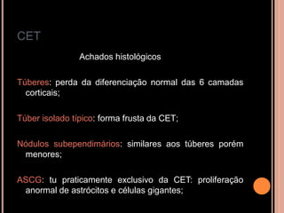 CET
Achados histológicos
Túberes: perda da diferenciação normal das 6 camadas
corticais;
Túber isolado típico: forma frusta da CET;
Nódulos subependimários: similares aos túberes porém
menores;
ASCG: tu praticamente exclusivo da CET: proliferação
anormal de astrócitos e células gigantes;
 