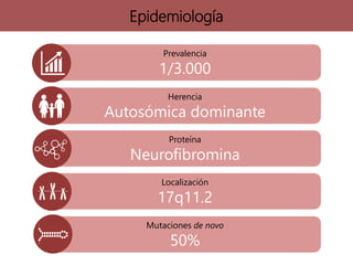 Epidemiología
Prevalencia
1/3.000
Herencia
Autosómica dominante
Gen
NF1
Localización
17q11.2
Mutaciones de novo
50%
Proteína
Neurofibromina
 