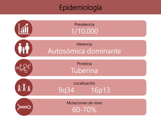Epidemiología
Prevalencia
1/10.000
Herencia
Autosómica dominante
Gen
TSC1 TSC2
Localización
9q34 16p13
Mutaciones de novo
60-70%
Proteína
Tuberina
 