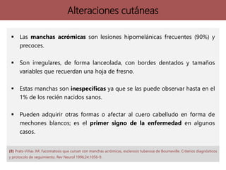 Alteraciones cutáneas
 Las manchas acrómicas son lesiones hipomelánicas frecuentes (90%) y
precoces.
 Son irregulares, de forma lanceolada, con bordes dentados y tamaños
variables que recuerdan una hoja de fresno.
 Estas manchas son inespecíficas ya que se las puede observar hasta en el
1% de los recién nacidos sanos.
 Pueden adquirir otras formas o afectar al cuero cabelludo en forma de
mechones blancos; es el primer signo de la enfermedad en algunos
casos.
(8) Prats-Viñas JM. Facomatosis que cursan con manchas acrómicas, esclerosis tuberosa de Bourneville. Criterios diagnósticos
y protocolo de seguimiento. Rev Neurol 1996;24:1056-9.
 