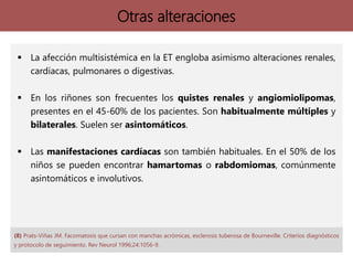 Otras alteraciones
 La afección multisistémica en la ET engloba asimismo alteraciones renales,
cardíacas, pulmonares o digestivas.
 En los riñones son frecuentes los quistes renales y angiomiolipomas,
presentes en el 45-60% de los pacientes. Son habitualmente múltiples y
bilaterales. Suelen ser asintomáticos.
 Las manifestaciones cardíacas son también habituales. En el 50% de los
niños se pueden encontrar hamartomas o rabdomiomas, comúnmente
asintomáticos e involutivos.
(8) Prats-Viñas JM. Facomatosis que cursan con manchas acrómicas, esclerosis tuberosa de Bourneville. Criterios diagnósticos
y protocolo de seguimiento. Rev Neurol 1996;24:1056-9.
 