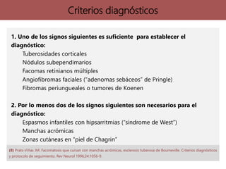 1. Uno de los signos siguientes es suficiente para establecer el
diagnóstico:
Tuberosidades corticales
Nódulos subependimarios
Facomas retinianos múltiples
Angiofibromas faciales (“adenomas sebáceos” de Pringle)
Fibromas periungueales o tumores de Koenen
2. Por lo menos dos de los signos siguientes son necesarios para el
diagnóstico:
Espasmos infantiles con hipsarritmias (“síndrome de West”)
Manchas acrómicas
Zonas cutáneas en “piel de Chagrin”
Facoma retiniano único
Aspectos de neuroimagen (por TDM o RM) sugerentes de
Nódulos subependimarios
Criterios diagnósticos
(8) Prats-Viñas JM. Facomatosis que cursan con manchas acrómicas, esclerosis tuberosa de Bourneville. Criterios diagnósticos
y protocolo de seguimiento. Rev Neurol 1996;24:1056-9.
 