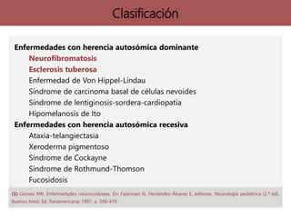 Enfermedades con herencia autosómica dominante
Neurofibromatosis
Esclerosis tuberosa
Enfermedad de Von Hippel-Lindau
Síndrome de carcinoma basal de células nevoides
Síndrome de lentiginosis-sordera-cardiopatía
Hipomelanosis de Ito
Enfermedades con herencia autosómica recesiva
Ataxia-telangiectasia
Xeroderma pigmentoso
Síndrome de Cockayne
Síndrome de Rothmund-Thomson
Fucosidosis
Fenilcetonuria e hiperfenilalaninemia
Homocistinuria por deficiencia de cistationina sintetasa
Citrulinemia y arginosuccinaciduria
Clasificación
(5) Gómez MR. Enfermedades neurocutáneas. En: Fejerman N, Fernández-Álvarez E, editores. Neurología pediátrica (2.ª ed).
Buenos Aires: Ed. Panamericana; 1997. p. 398-419.
 