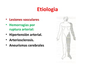 Etiologìa
• Lesiones vasculares
• Hemorragias por
  ruptura arterial:
• Hipertensiòn arterial.
• Arteriosclerosis.
• Aneurismas cerebrales
 