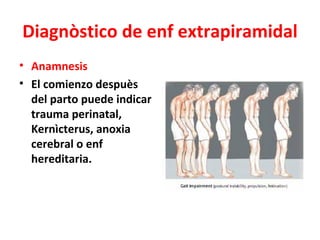 Diagnòstico de enf extrapiramidal
• Anamnesis
• El comienzo despuès
  del parto puede indicar
  trauma perinatal,
  Kernìcterus, anoxia
  cerebral o enf
  hereditaria.
 