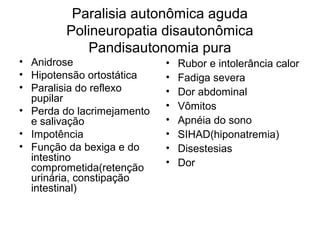 Paralisia autonômica aguda 
Polineuropatia disautonômica 
Pandisautonomia pura 
• Anidrose 
• Hipotensão ortostática 
• Paralisia do reflexo 
pupilar 
• Perda do lacrimejamento 
e salivação 
• Impotência 
• Função da bexiga e do 
intestino 
comprometida(retenção 
urinária, constipação 
intestinal) 
• Rubor e intolerância calor 
• Fadiga severa 
• Dor abdominal 
• Vômitos 
• Apnéia do sono 
• SIHAD(hiponatremia) 
• Disestesias 
• Dor 
 