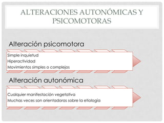 ALTERACIONES AUTONÓMICAS Y
            PSICOMOTORAS


Alteración psicomotora
Simple inquietud
Hiperactividad
Movimientos simples o complejos


Alteración autonómica

Cualquier manifestación vegetativa
Muchas veces son orientadoras sobre la etiología
 