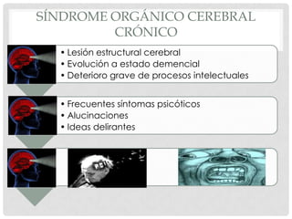 SÍNDROME ORGÁNICO CEREBRAL
         CRÓNICO
  • Lesión estructural cerebral
  • Evolución a estado demencial
  • Deterioro grave de procesos intelectuales


  • Frecuentes síntomas psicóticos
  • Alucinaciones
  • Ideas delirantes
 