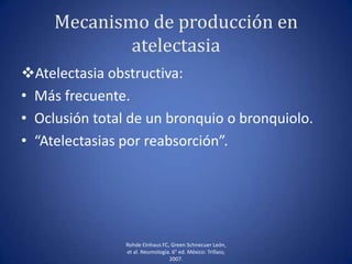 Mecanismo de producción en
atelectasia
Atelectasia obstructiva:
• Más frecuente.
• Oclusión total de un bronquio o bronquiolo.
• “Atelectasias por reabsorción”.
Rohde Einhaus FC, Green Schnecuer León,
et al. Neumología. 6° ed. México: Trillass;
2007.
 