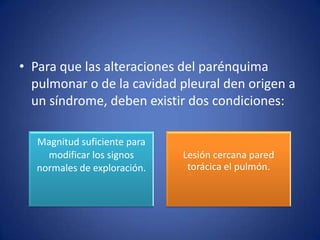 • Para que las alteraciones del parénquima
pulmonar o de la cavidad pleural den origen a
un síndrome, deben existir dos condiciones:
Magnitud suficiente para
modificar los signos
normales de exploración.
Lesión cercana pared
torácica el pulmón.
 