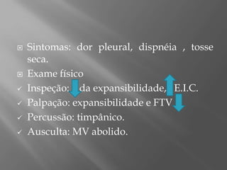  Sintomas: dor pleural, dispnéia , tosse
seca.
 Exame físico
 Inspeção: da expansibilidade, E.I.C.
 Palpação: expansibilidade e FTV
 Percussão: timpânico.
 Ausculta: MV abolido.
 