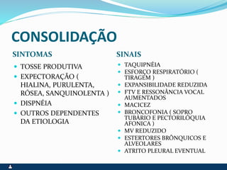 CONSOLIDAÇÃO
SINTOMAS SINAIS
 TOSSE PRODUTIVA
 EXPECTORAÇÃO (
HIALINA, PURULENTA,
RÓSEA, SANQUINOLENTA )
 DISPNÉIA
 OUTROS DEPENDENTES
DA ETIOLOGIA
 TAQUIPNÉIA
 ESFORÇO RESPIRATÓRIO (
TIRAGEM )
 EXPANSIBILIDADE REDUZIDA
 FTV E RESSONÂNCIA VOCAL
AUMENTADOS
 MACICEZ
 BRONCOFONIA ( SOPRO
TUBÁRIO E PECTORILÓQUIA
AFONICA )
 MV REDUZIDO
 ESTERTORES BRÔNQUICOS E
ALVEOLARES
 ATRITO PLEURAL EVENTUAL
 