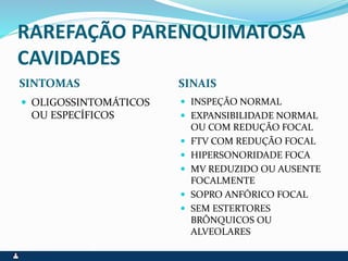 RAREFAÇÃO PARENQUIMATOSA
CAVIDADES
SINTOMAS SINAIS
 OLIGOSSINTOMÁTICOS
OU ESPECÍFICOS
 INSPEÇÃO NORMAL
 EXPANSIBILIDADE NORMAL
OU COM REDUÇÃO FOCAL
 FTV COM REDUÇÃO FOCAL
 HIPERSONORIDADE FOCA
 MV REDUZIDO OU AUSENTE
FOCALMENTE
 SOPRO ANFÓRICO FOCAL
 SEM ESTERTORES
BRÔNQUICOS OU
ALVEOLARES
 
