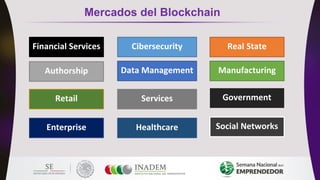 Mercados del Blockchain
Financial Services
Authorship
Cibersecurity Real State
Data Management Manufacturing
Retail Servic...