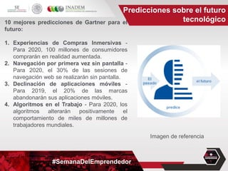 #SemanaDelEmprendedor
Predicciones sobre el futuro
tecnológico
Imagen de referencia
10 mejores predicciones de Gartner para el
futuro:
1. Experiencias de Compras Inmersivas -
Para 2020, 100 millones de consumidores
comprarán en realidad aumentada.
2. Navegación por primera vez sin pantalla -
Para 2020, el 30% de las sesiones de
navegación web se realizarán sin pantalla.
3. Declinación de aplicaciones móviles -
Para 2019, el 20% de las marcas
abandonarán sus aplicaciones móviles.
4. Algoritmos en el Trabajo - Para 2020, los
algoritmos alterarán positivamente el
comportamiento de miles de millones de
trabajadores mundiales.
 