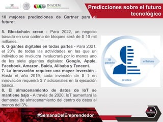 #SemanaDelEmprendedor
Predicciones sobre el futuro
tecnológico
10 mejores predicciones de Gartner para el
futuro:
5. Blockchain crece - Para 2022, un negocio
basado en una cadena de bloques será de $ 10 mil
millones.
6. Gigantes digitales en todas partes - Para 2021,
el 20% de todas las actividades en las que un
individuo se involucra involucrará por lo menos uno
de los siete gigantes digitales: Google, Apple,
Facebook, Amazon, Baidu, Alibaba y Tencent.
7. La innovación requiere una mayor inversión -
Hasta el año 2019, cada inversión de $ 1 en
innovación requerirá $ 7 adicionales en la ejecución
básica.
8. El almacenamiento de datos de IoT se
mantiene bajo - A través de 2020, IoT aumentará la
demanda de almacenamiento del centro de datos al
menos del 3%.
 