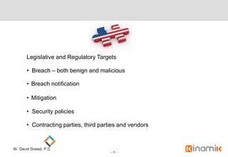 Legislative and Regulatory Targets

• Breach – both benign and malicious

• Breach notification

• Mitigation

• Security ...