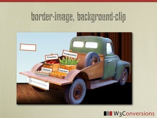 border-image, background-clip
.nav	
  a	
  {
	
  	
  	
  	
  	
  -­‐webkit-­‐transform:	
  rotate(10deg);
	
                      	
  	
  	
  -­‐moz-­‐transform:	
  rotate(10deg);
	
                      	
  	
  	
  	
  	
  -­‐ms-­‐transform:	
  rotate(10deg);
	
                      	
  	
  	
  	
  	
  	
  	
  	
  -­‐o-­‐transform:	
  rotate(10deg);
	
                      	
  	
  	
  	
  	
  	
  	
  	
  	
  	
  	
  	
    transform:  rotate(10deg);
          border-­‐width:  8px;
	
  	
  	
  	
  	
  -­‐webkit-­‐border-­‐image:	
  url(../img/nav.png)	
  8	
  stretch;
	
                      	
  -­‐moz-­‐border-­‐image:	
  url(../img/nav.png)	
  8	
  stretch;
	
                      	
  	
  	
  	
  	
  	
  -­‐o-­‐border-­‐image:	
  url(../img/nav.png)	
  8	
  stretch;
	
                      	
  	
  	
  	
  	
  	
  	
  	
  	
  	
  border-­‐image:  url(../img/nav.png)  8  stretch;
          background-­‐color:  #FEFCFB;    
                          
          padding:  3px  5px;
	
  	
  	
  	
  	
  -­‐webkit-­‐background-­‐clip:	
  padding-­‐box;
	
                      -­‐moz-­‐background-­‐clip:	
  padding;
	
                      	
  	
  	
  	
  	
  	
  	
  	
  	
  	
  background-­‐clip:  padding-­‐box;
}
 