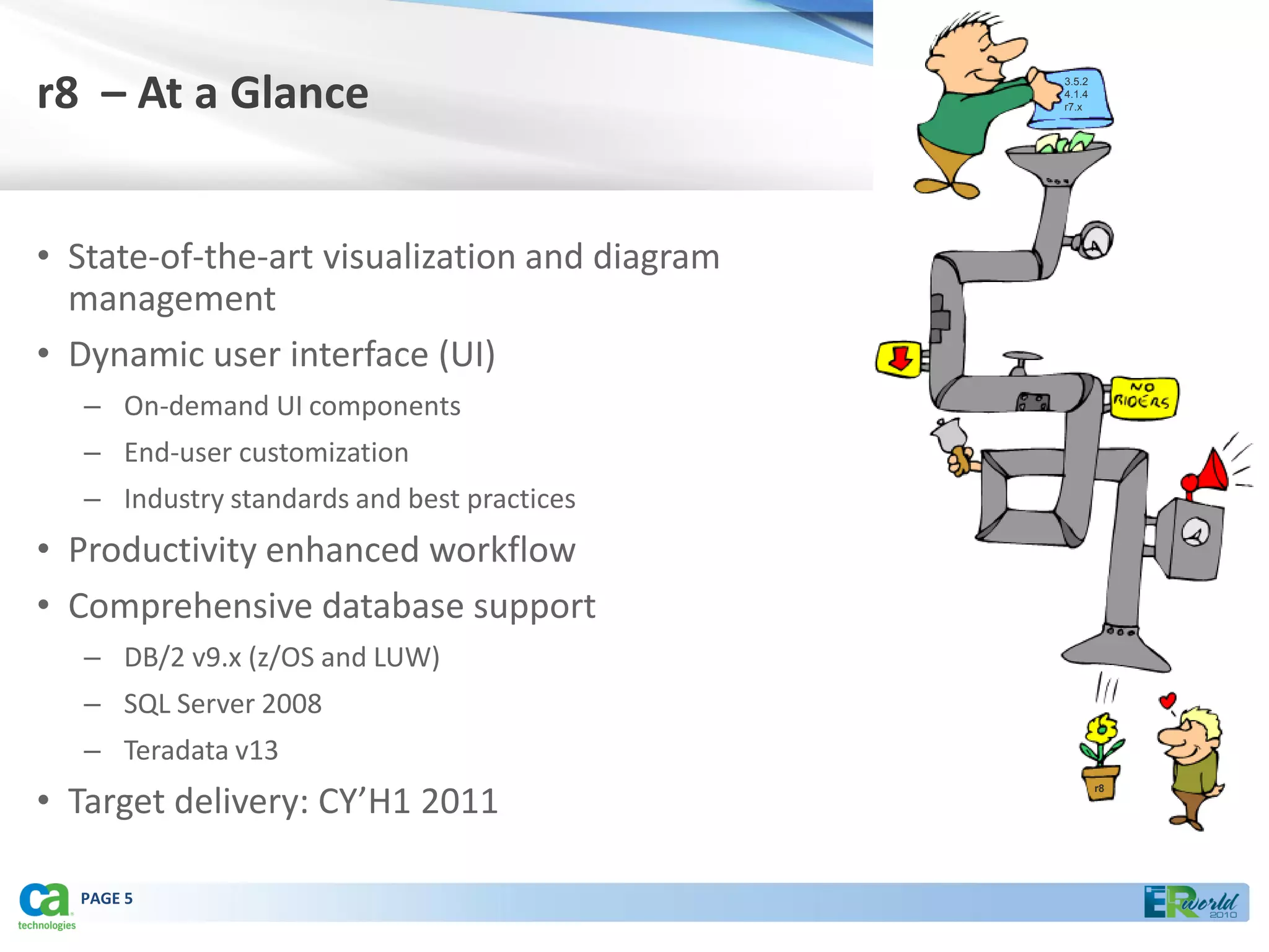 r8 – At a Glance                               3.5.2
                                               4.1.4
                                               r7.x




• State-of-the-art visualization and diagram
  management
• Dynamic user interface (UI)
   – On-demand UI components
   – End-user customization
   – Industry standards and best practices
• Productivity enhanced workflow
• Comprehensive database support
   – DB/2 v9.x (z/OS and LUW)
   – SQL Server 2008
   – Teradata v13
• Target delivery: CY’H1 2011
                                                       r8




  PAGE 5
 