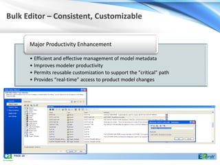 Bulk Editor – Consistent, Customizable


            Major Productivity Enhancement

            • Efficient and effective management of model metadata
            • Improves modeler productivity
            • Permits reusable customization to support the "critical" path
            • Provides “real-time” access to product model changes




  PAGE 16
 