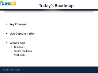 Today’s Roadmap

• Key Changes

• Live Demonstration
• What’s next
– Timelines
– Future roadmap
– Next steps

Friday, November 22, 2013

3

 