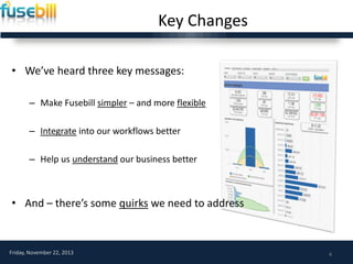 Key Changes
• We’ve heard three key messages:
– Make Fusebill simpler – and more flexible
– Integrate into our workflows better
– Help us understand our business better

• And – there’s some quirks we need to address

Friday, November 22, 2013

4

 