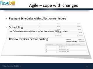 Agile – cope with changes
• Payment Schedules with collection reminders
• Scheduling
– Schedule subscriptions: effective dates, billing dates

• Review Invoices before posting

Friday, November 22, 2013

6

 