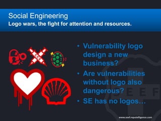www.seef.reputelligence.com
• Vulnerability logo
design a new
business?
• Are vulnerabilities
without logo also
dangerous?
• SE has no logos…
Social Engineering
Logo wars, the fight for attention and resources.
 