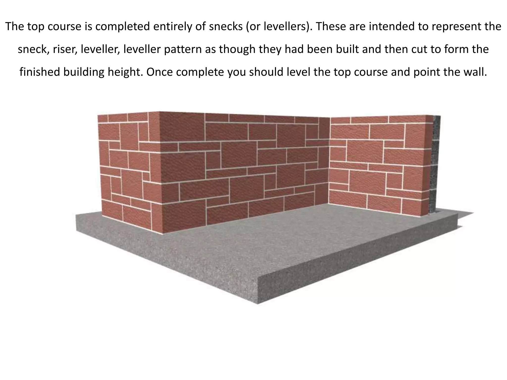 The top course is completed entirely of snecks (or levellers). These are intended to represent the
  sneck, riser, leveller, leveller pattern as though they had been built and then cut to form the
  finished building height. Once complete you should level the top course and point the wall.
 