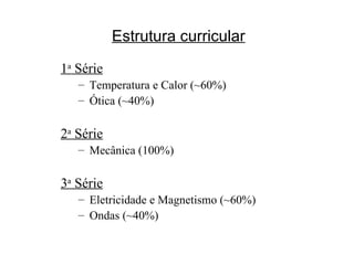 Estrutura curricular 1 a  Série Temperatura e Calor (~60%) Ótica (~40%) 2 a  Série Mecânica (100%) 3 a  Série Eletricidade e Magnetismo (~60%) Ondas (~40%) 