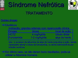 TRATAMENTO Outras drogas Diuréticos Indicação: grandes edemas com repercussão clínica Drogas doses local de ação HCTZ 4 mg/kg/dia túbulo distal Furosemida   1-2 mg/kg/dia alça de henle obs.: o excesso de albumina da alça de henle prejudica a ação, sendo necessário elevar a dose da furosemida, ou ainda administrá-la por infusão contínua. Em último caso, se não derem bons resultados, pode-se  utilizar a Albumina Humana. 