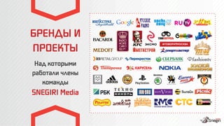 БРЕНДЫ И
ПРОЕКТЫ
Над которыми
работали члены
команды
SNEGIRI Media 
 