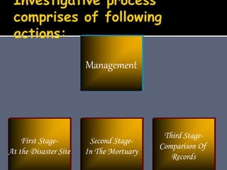 Management
First Stage-
At the Disaster Site
Second Stage-
In The Mortuary
Third Stage-
Comparison Of
Records
 