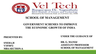 SCHOOL OF MANAGEMENT
GOVERNMENT SCHEMES TO IMPROVE
THE ECONOMIC GROWTH OF INDIA
PRESENTED BY:
SNEHA.H
VTP3072
MBA SECTION-A
UNDER THE GUIDANCE OF
DR. G. MANOJ
ASSISTANT PROFESSOR
SCHOOL OF MANAGEMENT
 