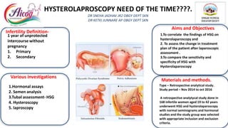 HYSTEROLAPROSCOPY NEED OF THE TIME????.
DR SNEHA JADHAV JR2 OBGY DEPT SKN
DR KETKI JUNNARE AP OBGY DEPT SKN
Aims and Objectives
Institute
Logo
Institute
Logo
Insert relevant
images here
Type – Retrospective analytical study.
Study period – Nov 2014 to oct 2016
A retrospective analytycal study done in
168 infertile women aged 19 to 42 years
underwent HSG and hysterolaparoscopy
with normal seminograms and hormonal
studies and the study group was selected
with appropriate inclusion and exclusion
criteria.
1.To correlate the findings of HSG on
hysterolaparoscopy and
2. To assess the change in treatment
plan of the patient after laparoscopic
assessment .
3.To compare the sensitivity and
specificity of HSG with
Hysterolaparoscopy
Infertility Definition-
1 year of unprotected
intercourse without
pregnancy
1. Primary
2. Secondary
Various investigations
1.Hormonal assays
2. Semen analysis
3.Tubal assessment- HSG
4. Hysteroscopy
5. laproscopy
Materials and methods.
 