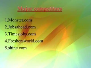 1.Monster.com
2.Jobsahead.com
3.Timesjobs.com
4.Freshersworld.com
5.shine.com
 