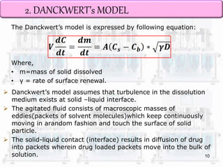 2. DANCKWERT’s MODEL 
The Danckwert’s model is expressed by following equation: 
Where, 
• m=mass of solid dissolved 
• ү = rate of surface renewal. 
 Danckwert’s model assumes that turbulence in the dissolution 
medium exists at solid –liquid interface. 
 The agitated fluid consists of macroscopic masses of 
eddies(packets of solvent molecules)which keep continuously 
moving in arandom fashion and touch the surface of solid 
particle. 
 The solid-liquid contact (interface) results in diffusion of drug 
into packets wherein drug loaded packets move into the bulk of 
solution. 
10 
 