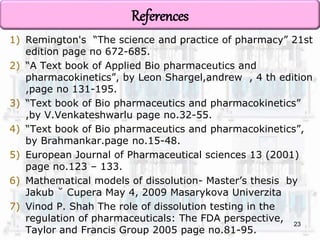 1) Remington's “The science and practice of pharmacy” 21st 
edition page no 672-685. 
2) “A Text book of Applied Bio pharmaceutics and 
pharmacokinetics”, by Leon Shargel,andrew , 4 th edition 
,page no 131-195. 
3) “Text book of Bio pharmaceutics and pharmacokinetics” 
,by V.Venkateshwarlu page no.32-55. 
4) “Text book of Bio pharmaceutics and pharmacokinetics”, 
by Brahmankar.page no.15-48. 
5) European Journal of Pharmaceutical sciences 13 (2001) 
page no.123 – 133. 
6) Mathematical models of dissolution- Master’s thesis by 
Jakub ˘ Cupera May 4, 2009 Masarykova Univerzita 
7) Vinod P. Shah The role of dissolution testing in the 
regulation of pharmaceuticals: The FDA perspective, 
Taylor and Francis Group 2005 page no.81-95. 
23 
References 
 