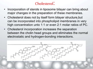 Cholesterol: 
• Incorporation of sterols in liposome bilayer can bring about 
major changes in the preparation of these membranes. 
• Cholesterol does not by itself form bilayer structure,but 
can be incorporated into phospholipid membranes in very 
high concentration unto 1:1 or even 2:1 molar ratios of PC. 
• Cholesterol incorporation increases the separation 
between the cholin head groups and eliminates the normal 
electrostatic and hydrogen-bonding interactions. 
10 
 
