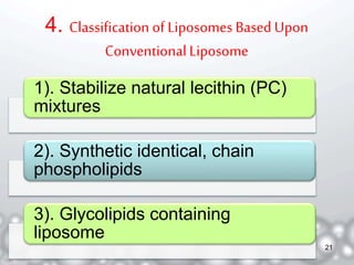 4. Classification of Liposomes Based Upon 
Conventional Liposome 
1). Stabilize natural lecithin (PC) 
mixtures 
2). Synthetic identical, chain 
phospholipids 
3). Glycolipids containing 
liposome 
21 
 
