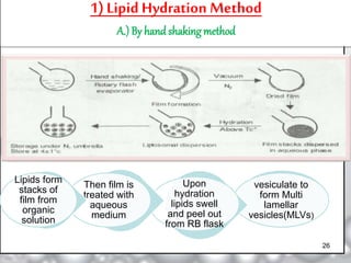 1) Lipid Hydration Method 
A.) By hand shaking method 
vesiculate to 
form Multi 
lamellar 
vesicles(MLVs) 
Upon 
hydration 
lipids swell 
and peel out 
from RB flask 
Then film is 
treated with 
aqueous 
medium 
Lipids form 
stacks of 
film from 
organic 
solution 
26 
 