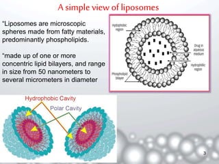 A simple view of liposomes 
“Liposomes are microscopic 
spheres made from fatty materials, 
predominantly phospholipids. 
“made up of one or more 
concentric lipid bilayers, and range 
in size from 50 nanometers to 
several micrometers in diameter 
3 
 