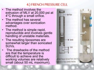 4.) FRENCH PRESSURE CELL 
• The method involves the 
extrusion of MLV at 20,000 psi at 
4°C through a small orifice. 
• The method has several 
advantages over sonication 
method. 
• The method is simple rapid, 
reproducible and involves gentle 
handling of unstable materials. 
• The resulting liposomes are 
somewhat larger than sonicated 
SUVs. 
• The drawbacks of the method 
are that the temperature is 
difficult to achieve and the 
working volumes are relatively 
small (about 50 mL maximum). 
31 
 