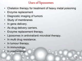 Uses of liposomes 
• Chelation therapy for treatment of heavy metal poisoning 
• Enzyme replacement 
• Diagnostic imaging of tumors 
• Study of membranes 
• In gene delivery. 
• As drug delivery carriers. 
• Enzyme replacement therapy. 
• Liposomes in antiviral/anti microbial therapy. 
• In multi drug resistance. 
• In tumour therapy. 
• In immunology. 
• In cosmetology 
46 
 