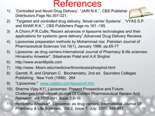 References 
1) ‘Controlled and Novel Drug Delivery’, “JAIN N.K.’’, CBS Publisher And 
Distributors.Page No.307-321. 
2) ‘Targeted and controlled drug delivery, Novel carrier Systems’ , “VYAS S.P. 
and KHAR R.K.’’, CBS Publishers Page no.181 -195. 
3) A.Chonn,P.R.Cullis,“Recent advances in liposome technologies and their 
applications for systemic gene delivery”,Advanced Drug Delivery Reviews 
4) Liposomes preparation methods by Mohammad riaz ,Pakistan Journal of 
Pharmaceutical Sciences Vol.19(1), January 1996, pp.65-77 
5) Liposome- as drug carriers-International Journal of Pharmacy & life sciences- 
Himanshu Anwekar*, Sitasharan Patel and A.K Singhai 
6) http://www.avantilipids.com 
7) http://www. Mssm.edu/medicine/thrombosis/phosphol.html 
8) Garrett, R. and Grisham C. Biochemistry, 2nd ed. Saunders Colleges 
Publishing. New York (1999). 264 
9) "Liposomes." www.collabo.com/liposom0.htm 
10) Sharma Vijay K1*, Liposomes: Present Prospective and Future 
Challenges,International Journal Of Current Pharmaceutical Review And 
Research, oct 2010,vol1, issue 2,6-16 
11) Himanshu Anwekar*, Liposome- as drug carriers, International Journal Of 
Pharmacy & Life Sciences, Vol.2, Issue 7: July: 2011, 945-951 52 
 