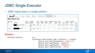 IT@Intel 13
Solution :
• JDBC ingest data in a single partition.
df =
sqlContext.read.format('jdbc').options(...).load()
options.put("partitionColumn", "emp_no");
options.put("lowerBound", "10001");
options.put("upperBound", "499999");
options.put("numPartitions", "10");
Partition options
JDBC Single Executor
 